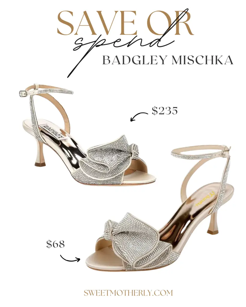 A pair of shoes with bows on them and the price tag for each shoe.